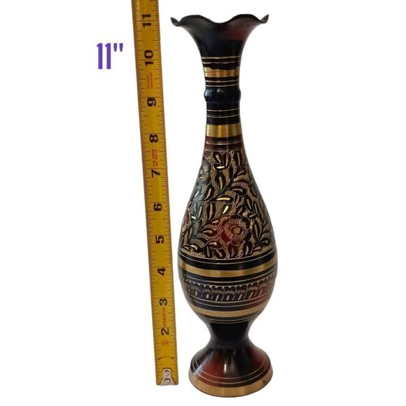 Brass Etched Gold Vase Brown Red Fluted Goth Witchy Kapasi Vintage Christmas - Picture 2 of 16